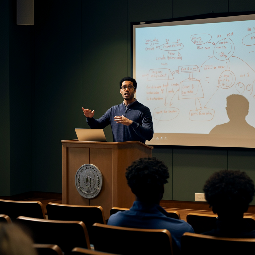 A professor stands at a lectern in a well-lit lecture hall, gesturing as they explain a concept using a whiteboard covered in diagrams. The scene is professionally composed with balanced lighting, capturing the attentiveness of the students in the audience.