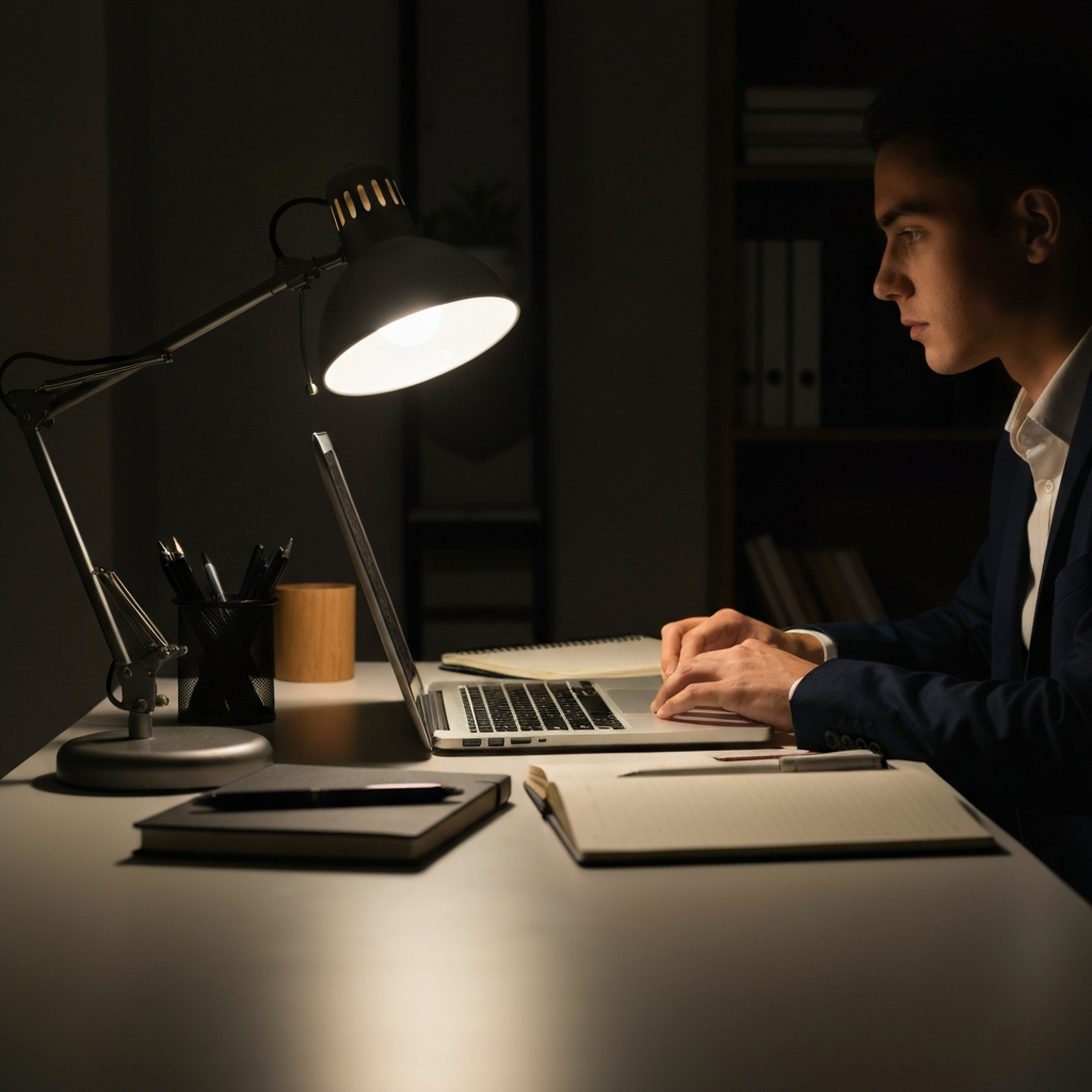 A person sitting at a desk in a home office, illuminated by the soft glow of a desk lamp. They are typing on a laptop, surrounded by notebooks and pens. The scene is focused, emphasizing the individual's concentration and the tools they are using to form their thoughts.