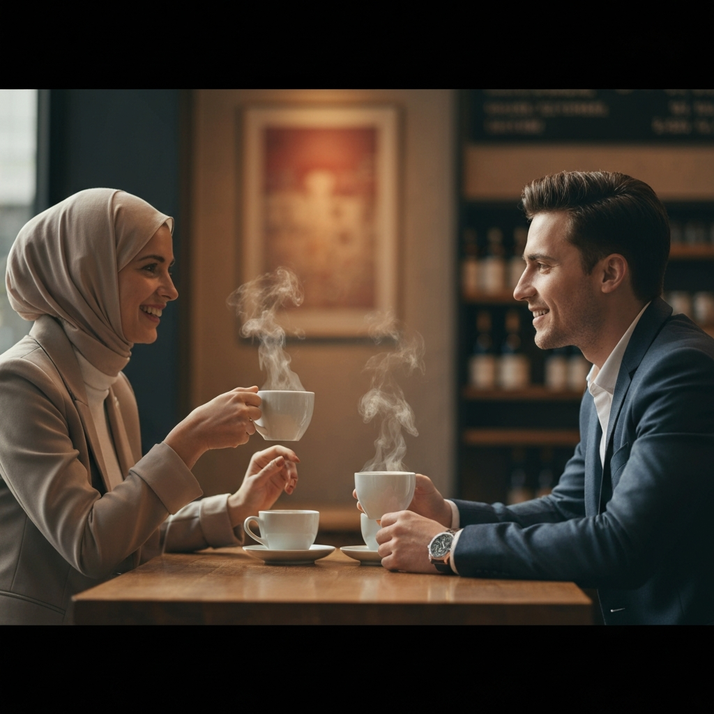 Two friends are sitting at a coffee shop, engaged in a conversation over steaming cups. The lighting is warm and inviting, emphasizing the comfortable and relaxed atmosphere. Their expressions are open and friendly, indicating a respectful exchange of ideas.