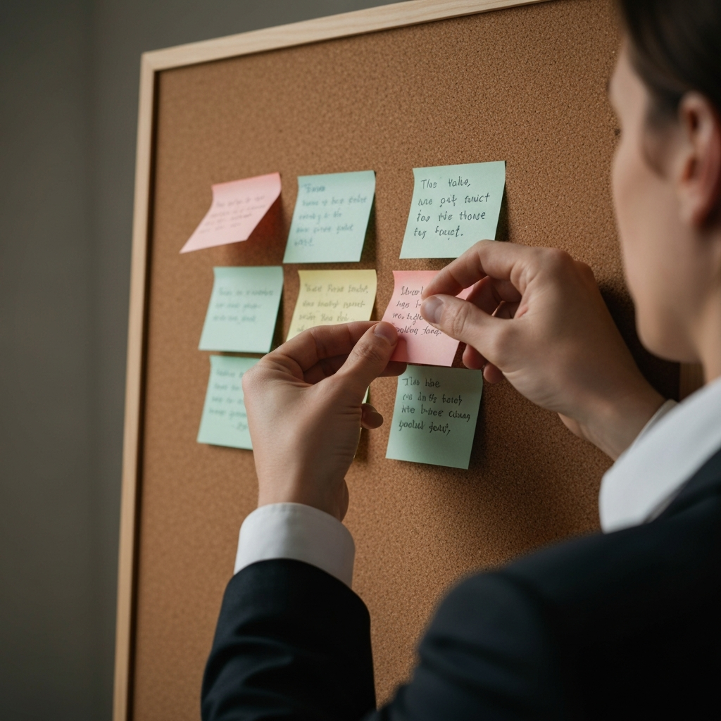 Close-up shot of hands carefully arranging small, colorful sticky notes on a corkboard. The notes contain handwritten quotes, and the lighting is soft and diffused, highlighting the textures of the corkboard and the paper.