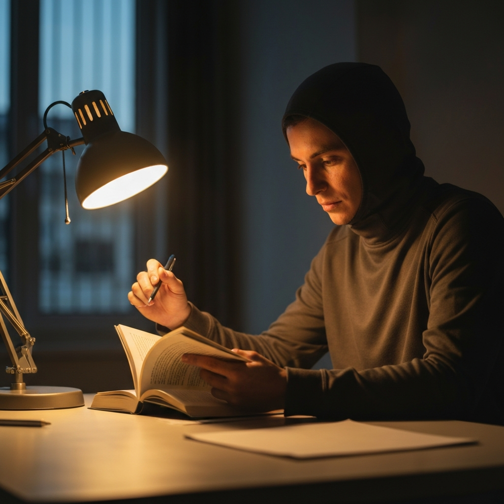 A person sitting at a desk, illuminated by the warm glow of a desk lamp. They are holding a book open, with a pen in hand, and their expression is one of deep concentration. Soft bokeh in the background creates a sense of focused study.