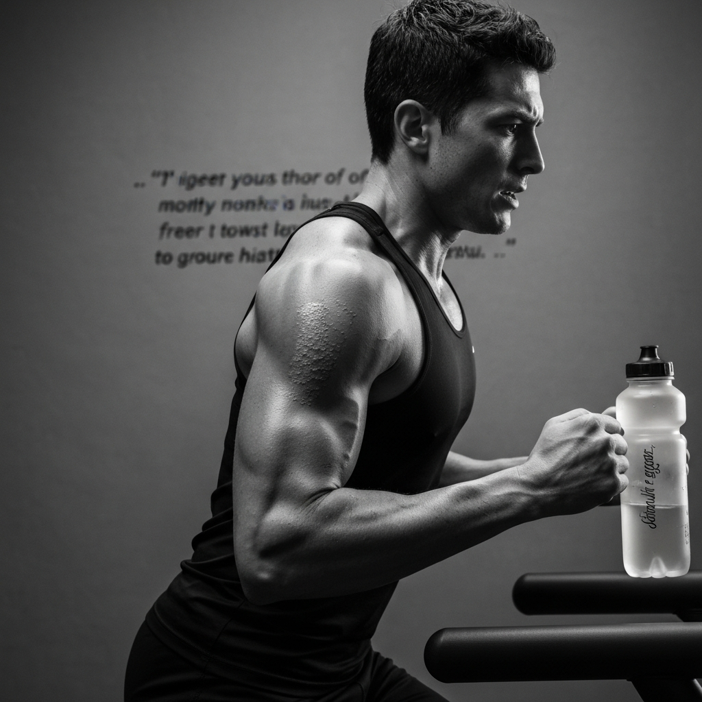 Athlete mid-workout, perhaps lifting weights or running on a treadmill. The athlete is focused and determined, with visible effort in their face. A motivational quote is subtly visible on a water bottle or wall nearby. Side-lit textures on the athlete's muscles.