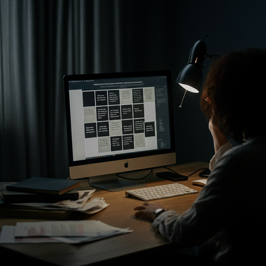 A person sitting at a computer, reviewing a document containing a collection of quotes. The lighting is soft and diffused, and the person is carefully considering each quote. There are papers and books scattered around the desk, suggesting a process of research and reflection.