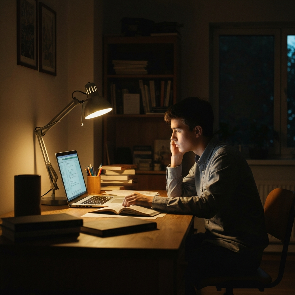 A young person sits at a desk in a dimly lit room, illuminated by the glow of a laptop screen. The room is cluttered with books and papers, suggesting a space of contemplation. Soft bokeh from a desk lamp highlights the textures of the desk's wooden surface.