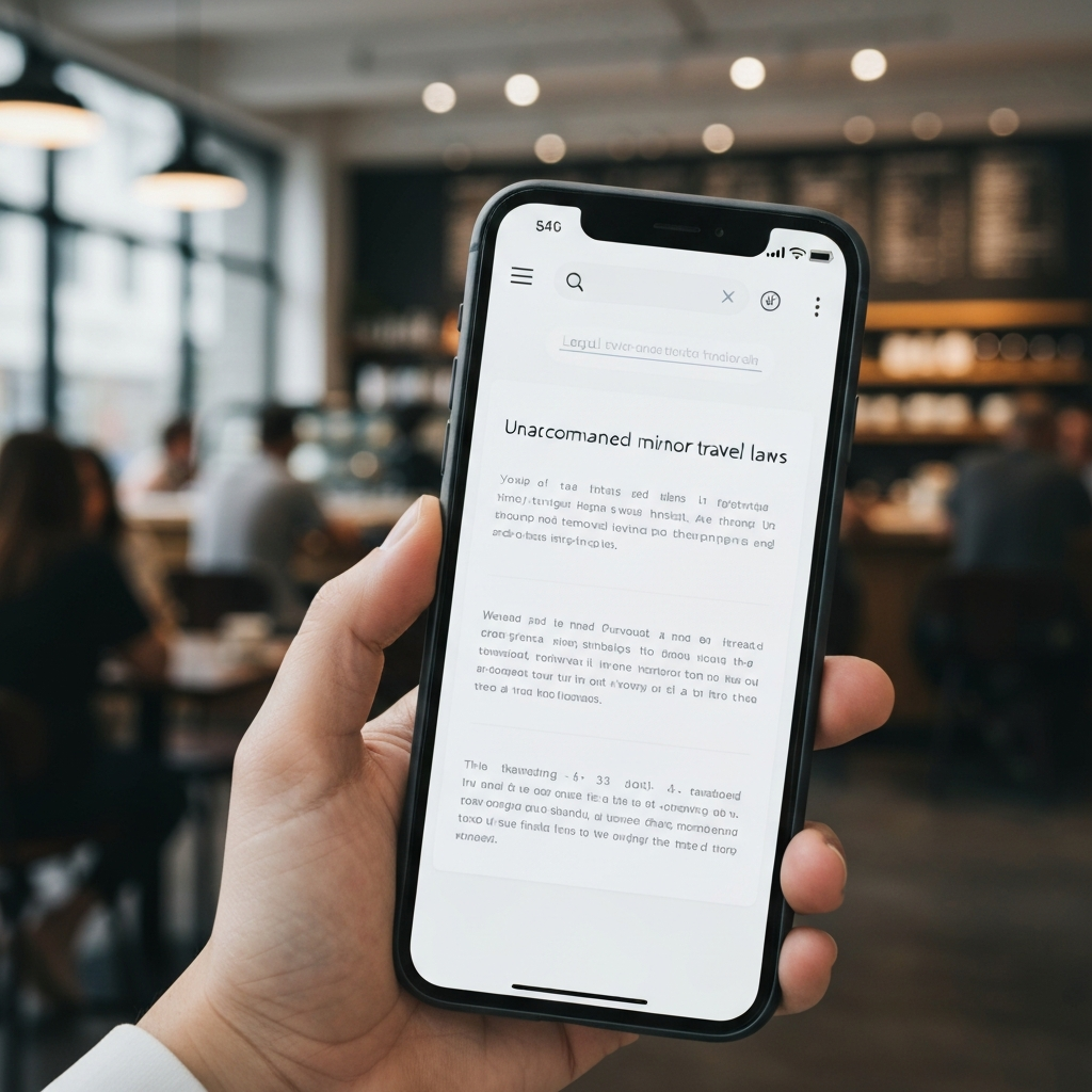 A close-up shot of a smartphone screen displaying a webpage with legal text related to unaccompanied minor travel laws. The phone is held in a hand, with a blurred background of a busy coffee shop. The lighting is soft and diffused.