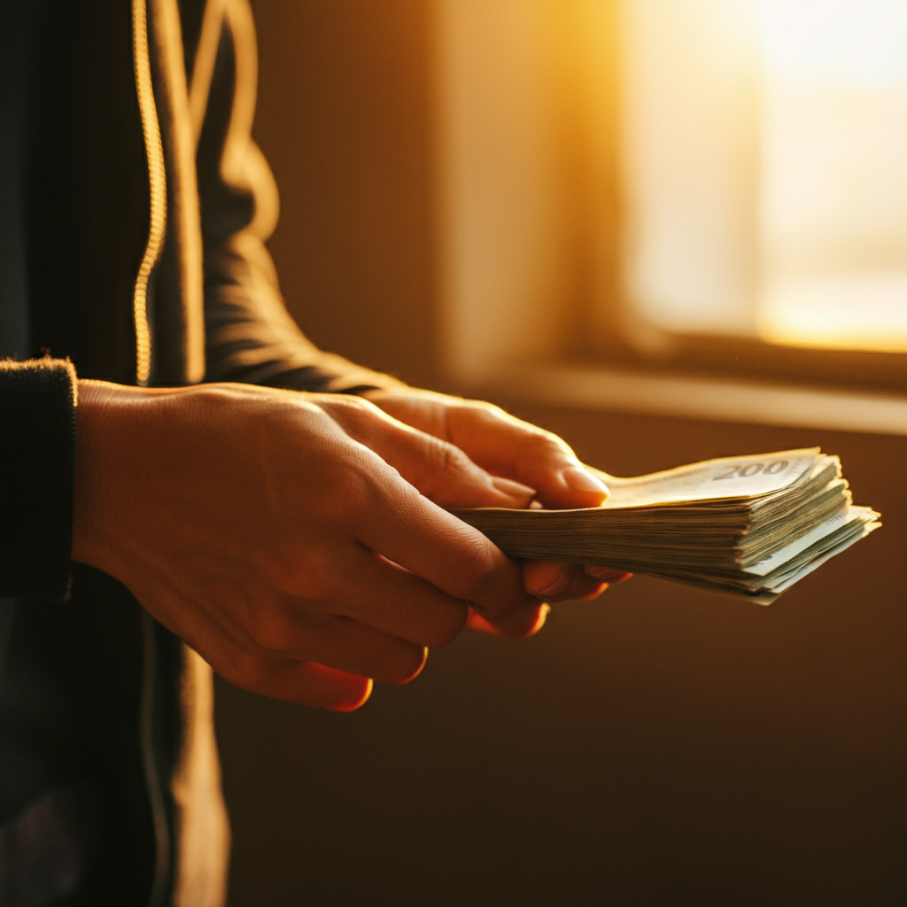 A hand discreetly counting out a stack of bills under the warm, golden-hour light filtering through a window. The background is blurred, focusing on the tactile details of the currency and the hand's subtle movements.