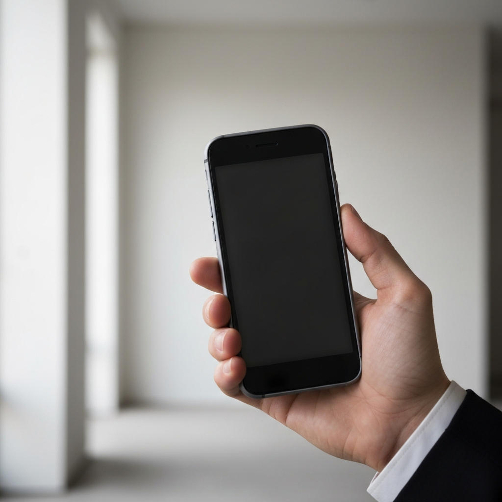 A close-up shot of a hand holding a simple, anonymous-looking mobile phone against a neutral background. The screen is blurred, but the phone's texture and form are clearly visible, emphasizing its utilitarian nature.