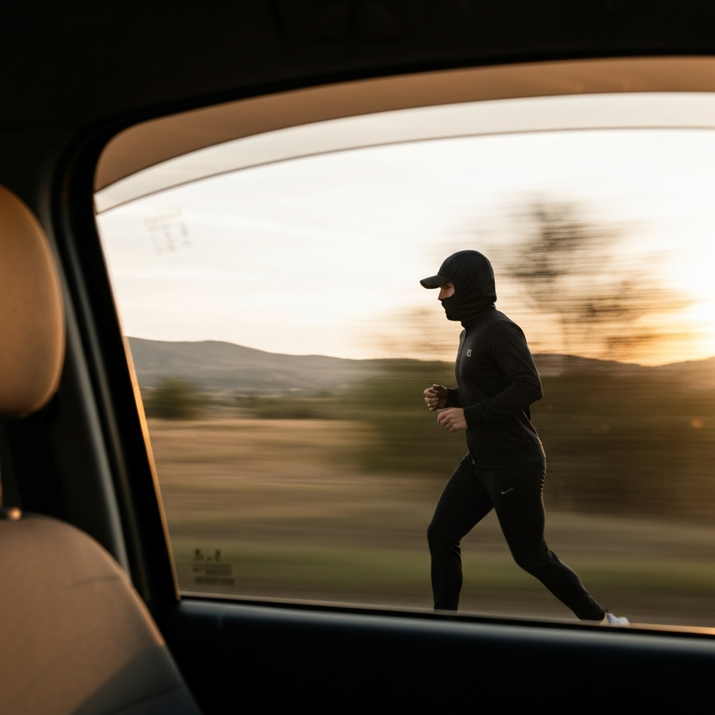 A blurred landscape passing by the window of a moving car, suggesting a journey in progress. The light is soft and muted, conveying a sense of fleeting time and quick movement.