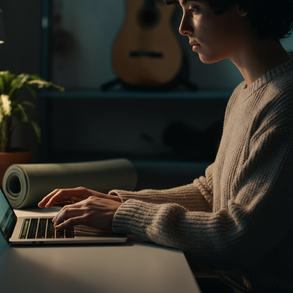 Close-up shot of a Gen Z individual working on a laptop at a brightly lit desk with a houseplant in the background, soft bokeh in the background shows a yoga mat and a musical instrument, creating a sense of balance.