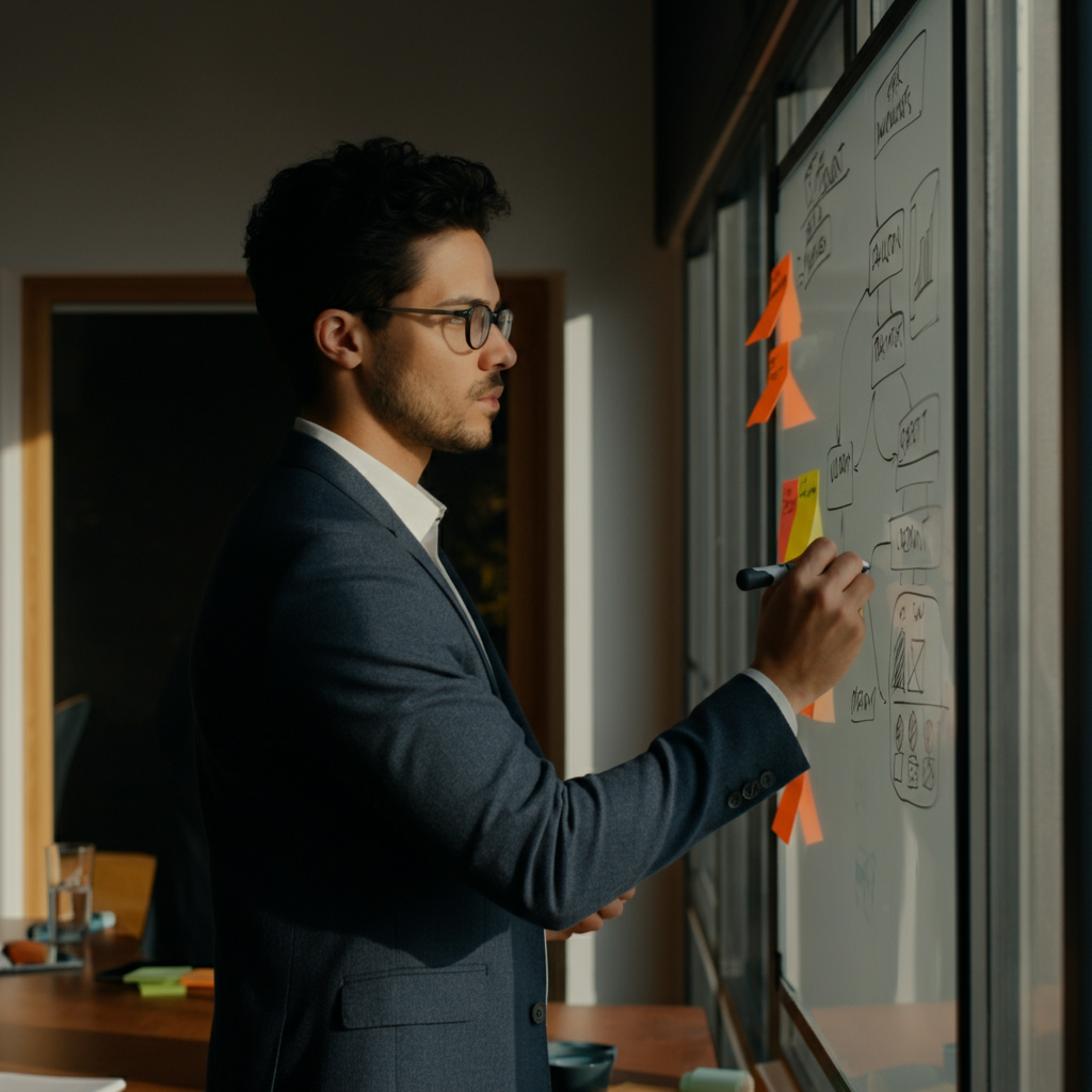 Medium shot of a young professional attentively participating in a workshop, focused on a whiteboard with diagrams and notes, natural light streaming through a window, creating a collaborative atmosphere.