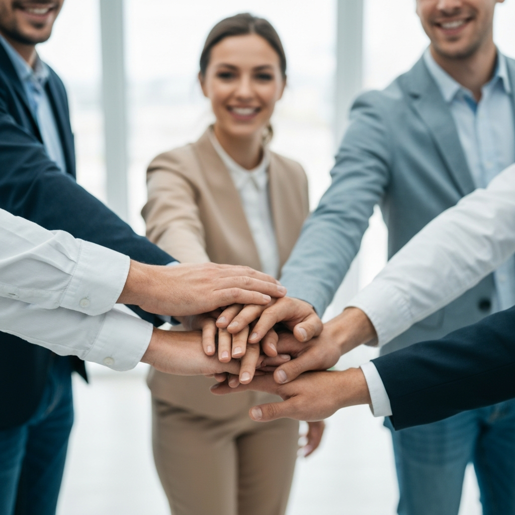 Close-up shot of a team huddle in a bright office, hands together in a gesture of unity, shallow depth of field focusing on the hands and a smiling face, creating a sense of camaraderie.