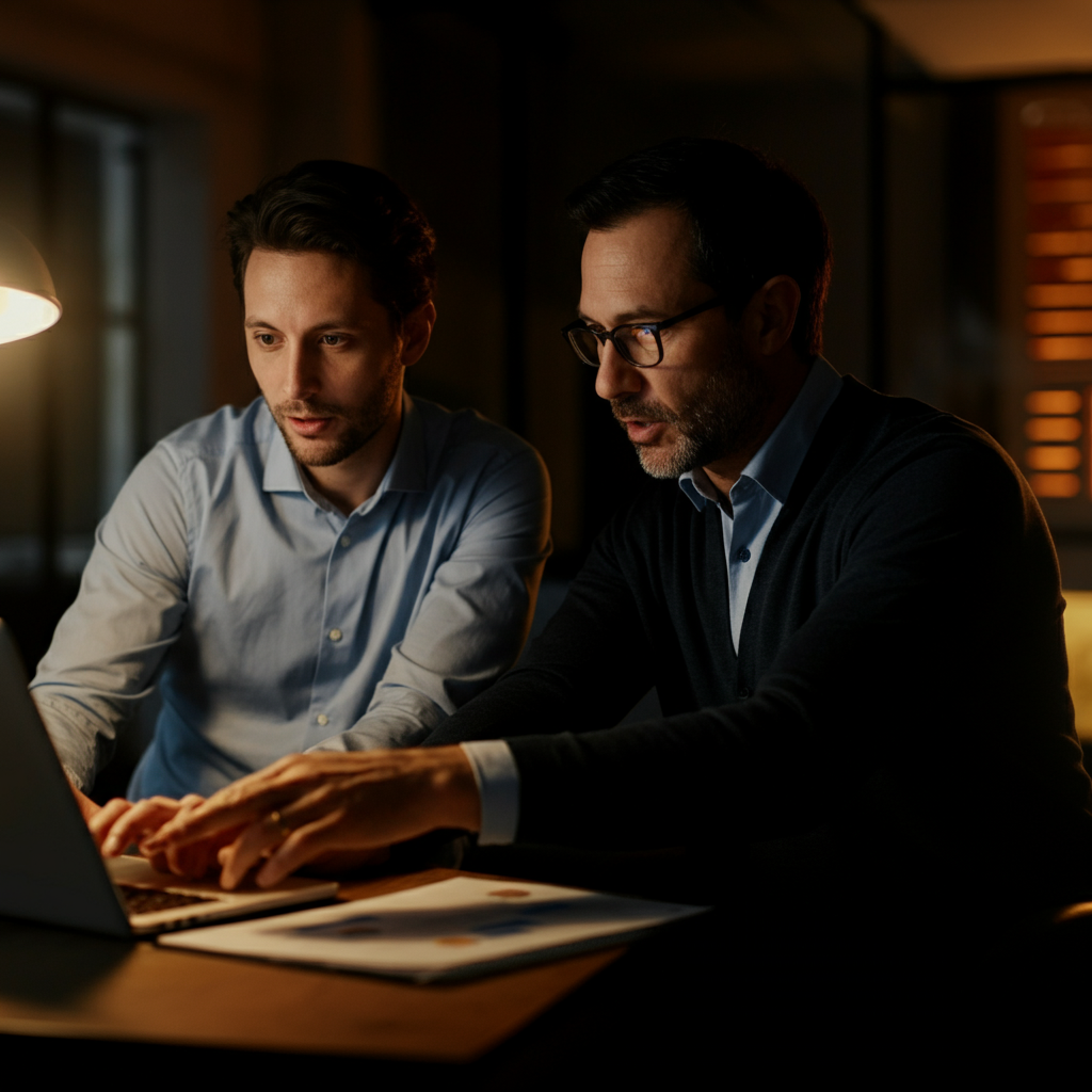 Medium shot of a mentor guiding a younger employee in a one-on-one session, focused on a shared laptop screen, warm lighting and a relaxed setting suggesting trust and guidance.