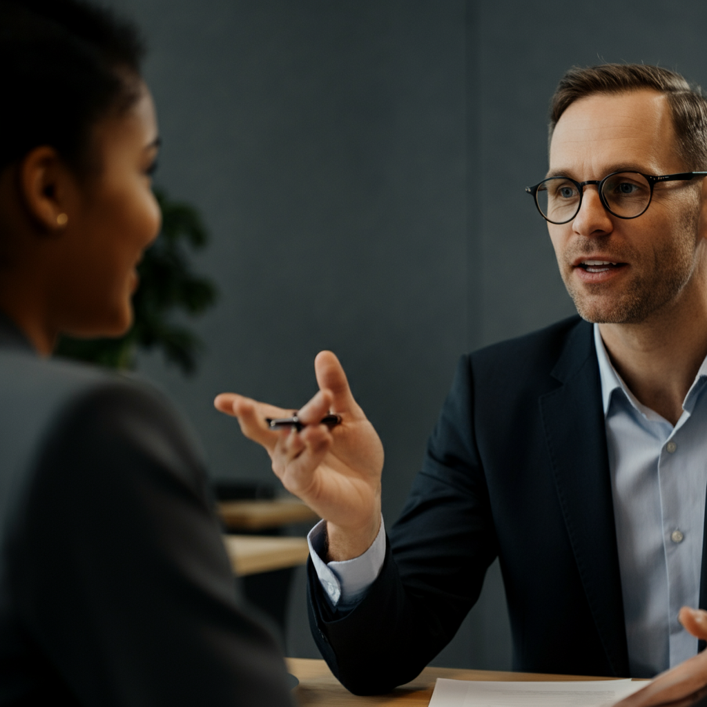 Close-up shot of a manager providing feedback to an employee in a modern office, focusing on genuine eye contact and positive body language, soft, diffused lighting.