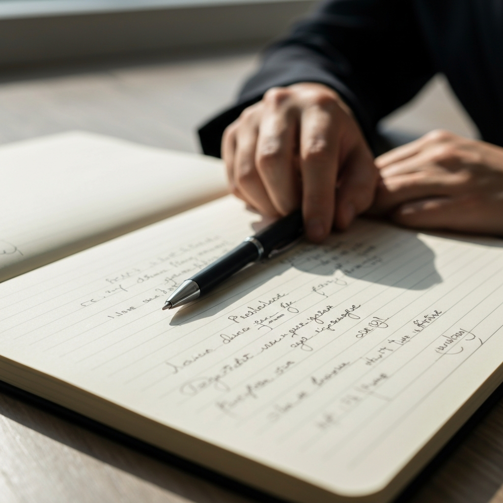 Close-up on a notebook with handwritten notes and doodles, a pen resting on the page. Soft, natural light coming from a nearby window illuminates the texture of the paper.