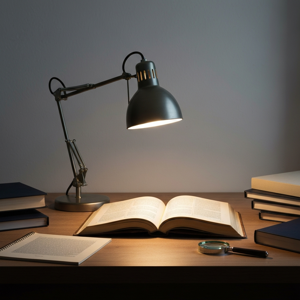 A cluttered desk with a vintage thesaurus open. The light is coming from a desk lamp, casting a warm glow on the pages. A magnifying glass is placed next to the book.