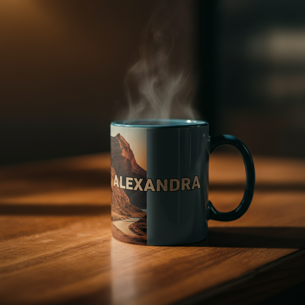 A personalized mug with the name "ALEXANDRA" partially visible. The mug is sitting on a wooden table, with steam gently rising from the hot beverage inside. The lighting is warm and inviting.