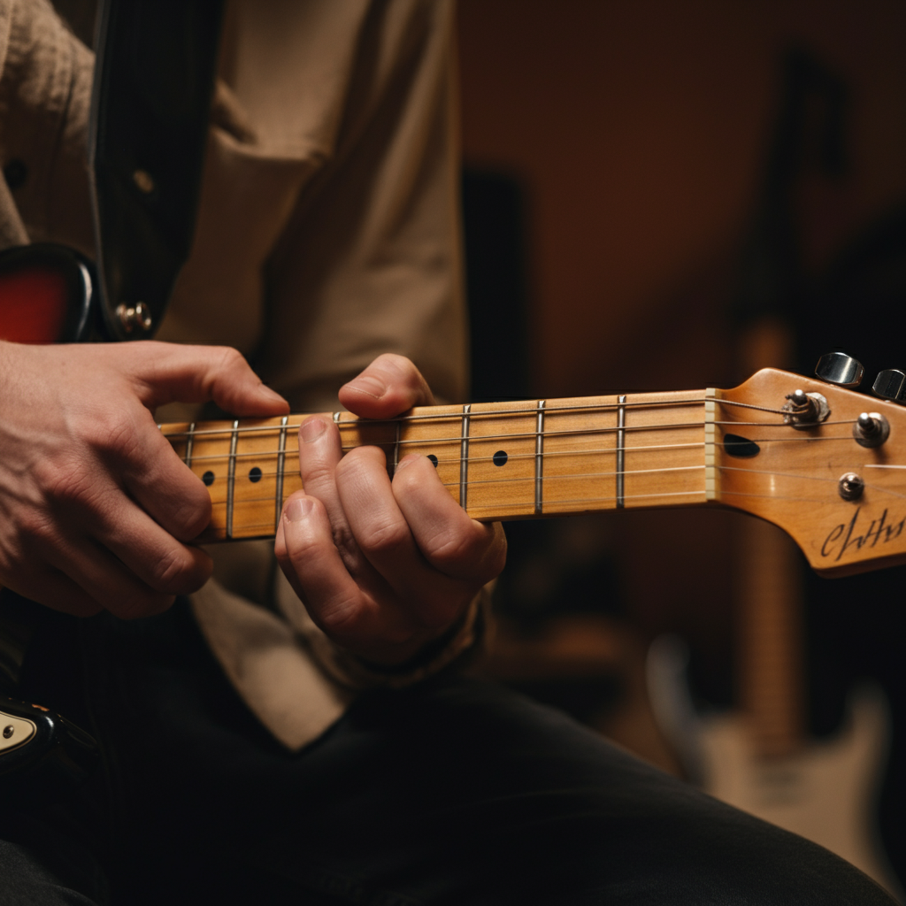 A pair of hands holding a well-worn electric guitar neck. The fingers are positioned on the frets, ready to play. The background is softly blurred, suggesting a practice space.