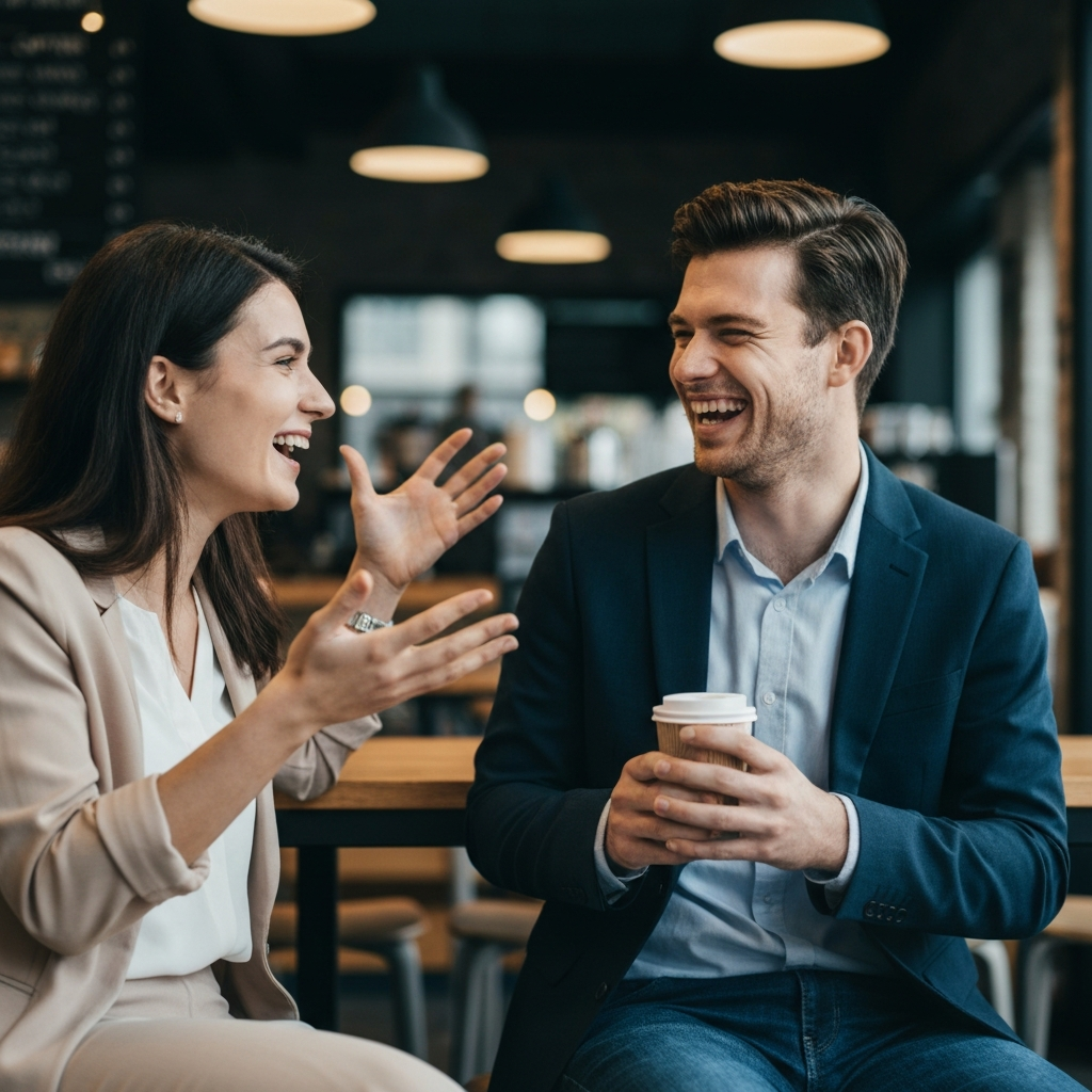 Two friends laughing together in a coffee shop. One is gesturing animatedly, while the other is holding a coffee cup. The lighting is bright and cheerful.