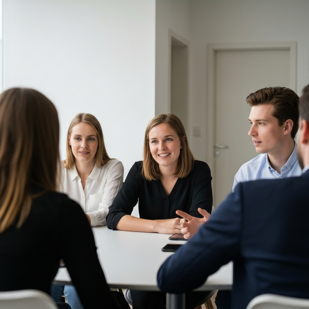 A group of young adults sitting around a table, casually chatting. The focus is on their expressions as they listen to someone speaking. The atmosphere is relaxed and friendly.