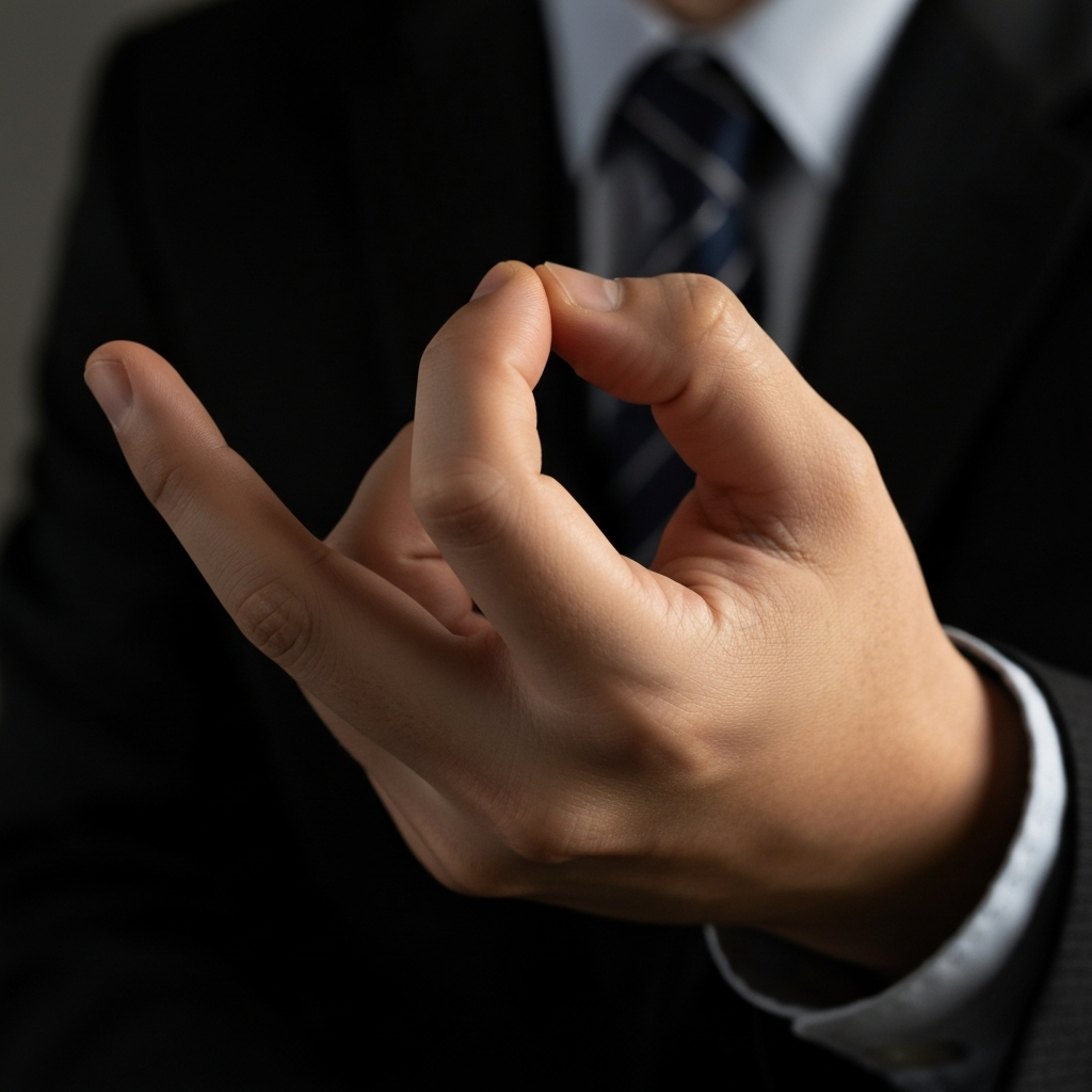 Close-up of a hand demonstrating the American grip fulcrum, soft side lighting highlighting the skin texture and the curve of the index finger.