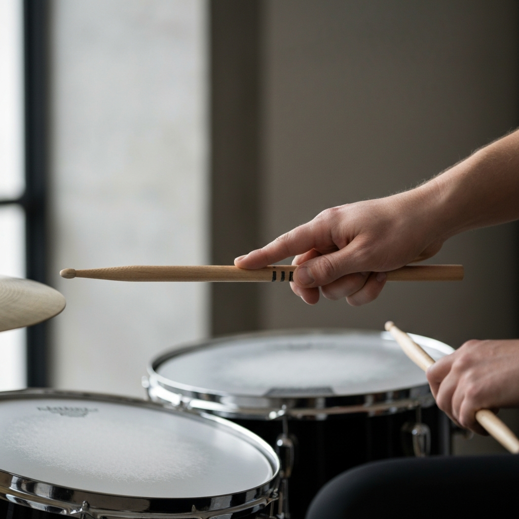 A hand gently placing a drumstick into the formed fulcrum, with shallow depth of field focusing on the hand and stick, and a blurred drumset in the background.