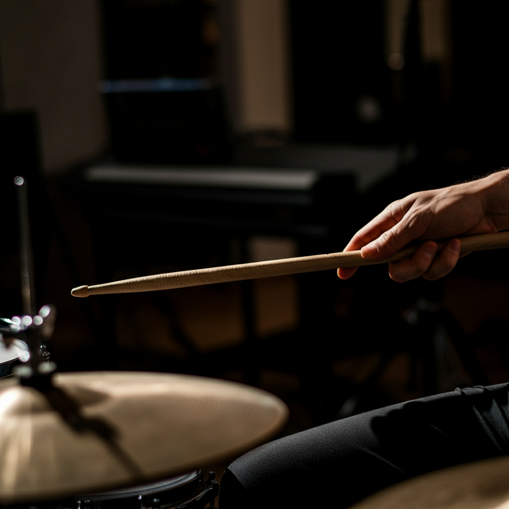 A drummer's hand adjusting a drumstick within the American grip, side-lit with a softbox to show subtle movements and focus on the area of contact.