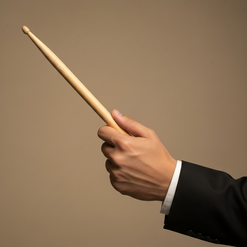 Medium shot of a hand holding a drumstick with the American grip, showing the thumb resting comfortably on the side of the stick. Golden hour lighting to enhance the natural skin tones.