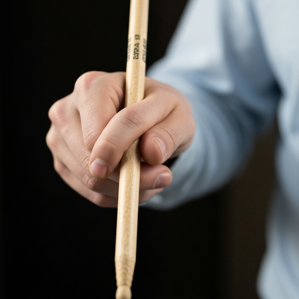 Extreme close-up of the fingers wrapped around the drumstick, showcasing the relaxed curvature and even spacing. Soft, diffused lighting to highlight the texture of the skin and the drumstick.