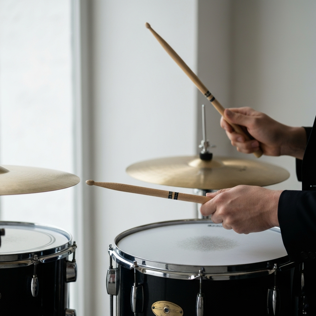 Two hands holding drumsticks with mirrored American grips, positioned over a snare drum. Shallow depth of field, focusing on the hands and sticks, with the rest of the drum kit slightly out of focus.