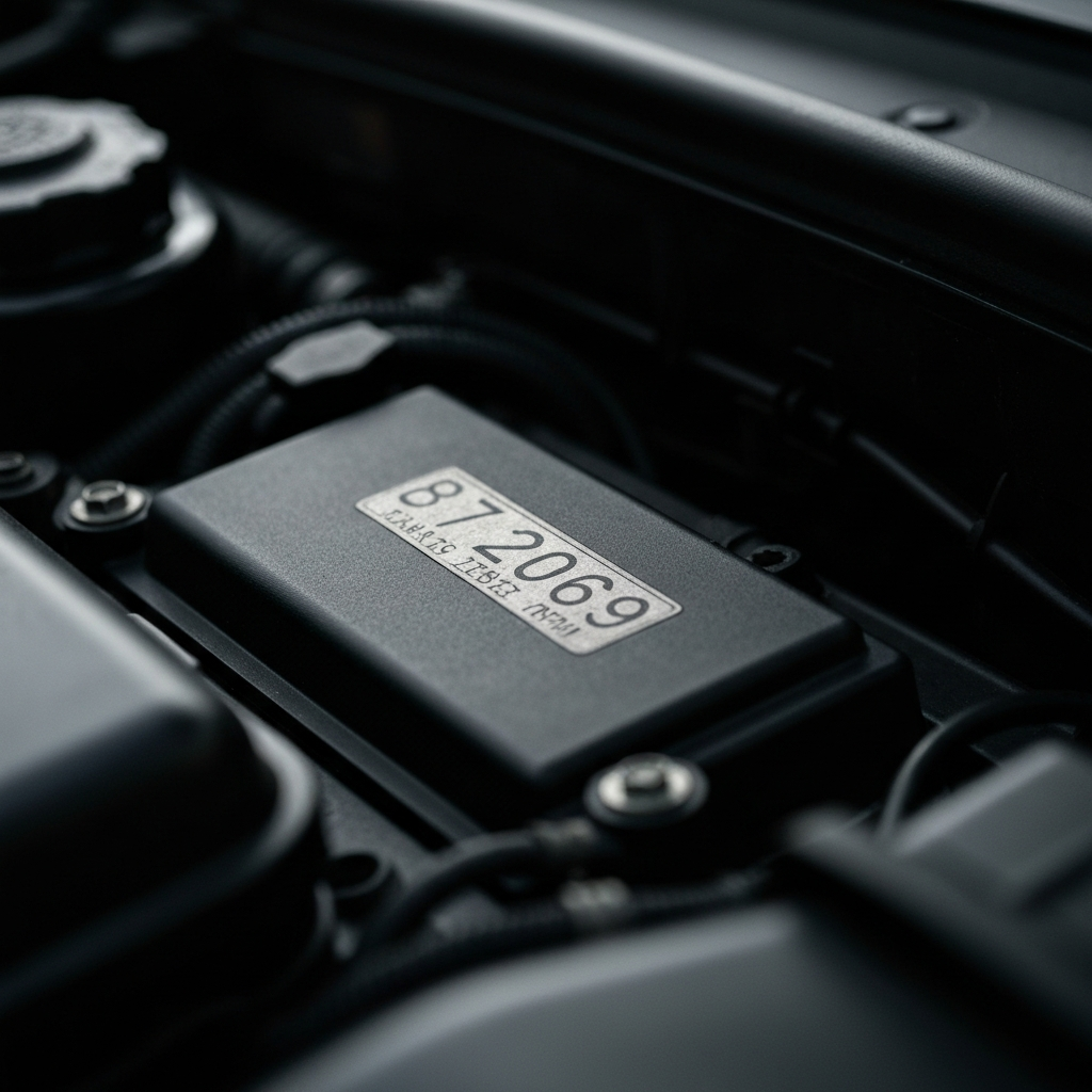 Close-up of an E36 engine bay, showcasing the engine code sticker. Soft, diffused light highlights the details without glare.