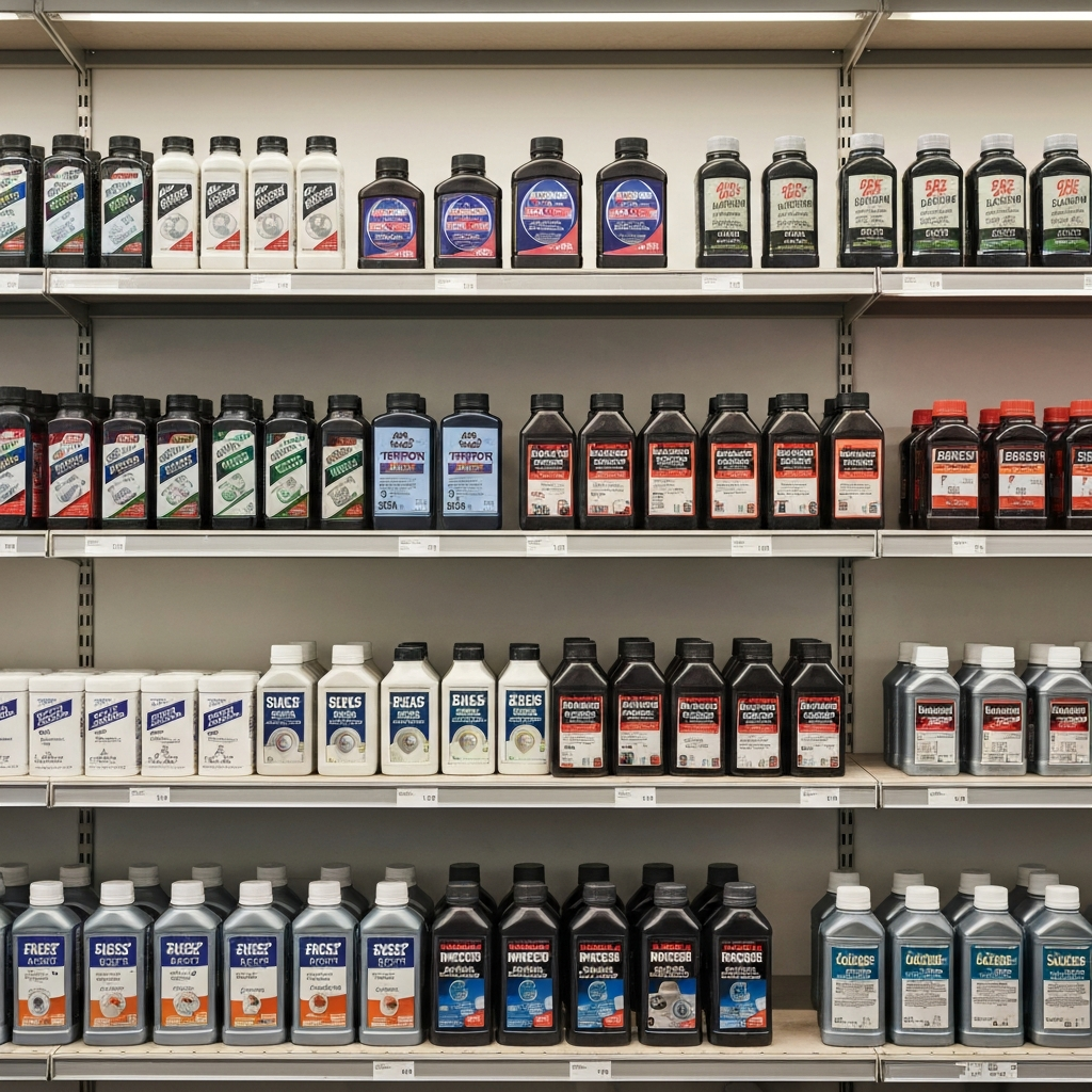 A well-organized auto parts store shelf, displaying various oil filters and oil bottles. The lighting is bright and even, showcasing the product labels clearly.