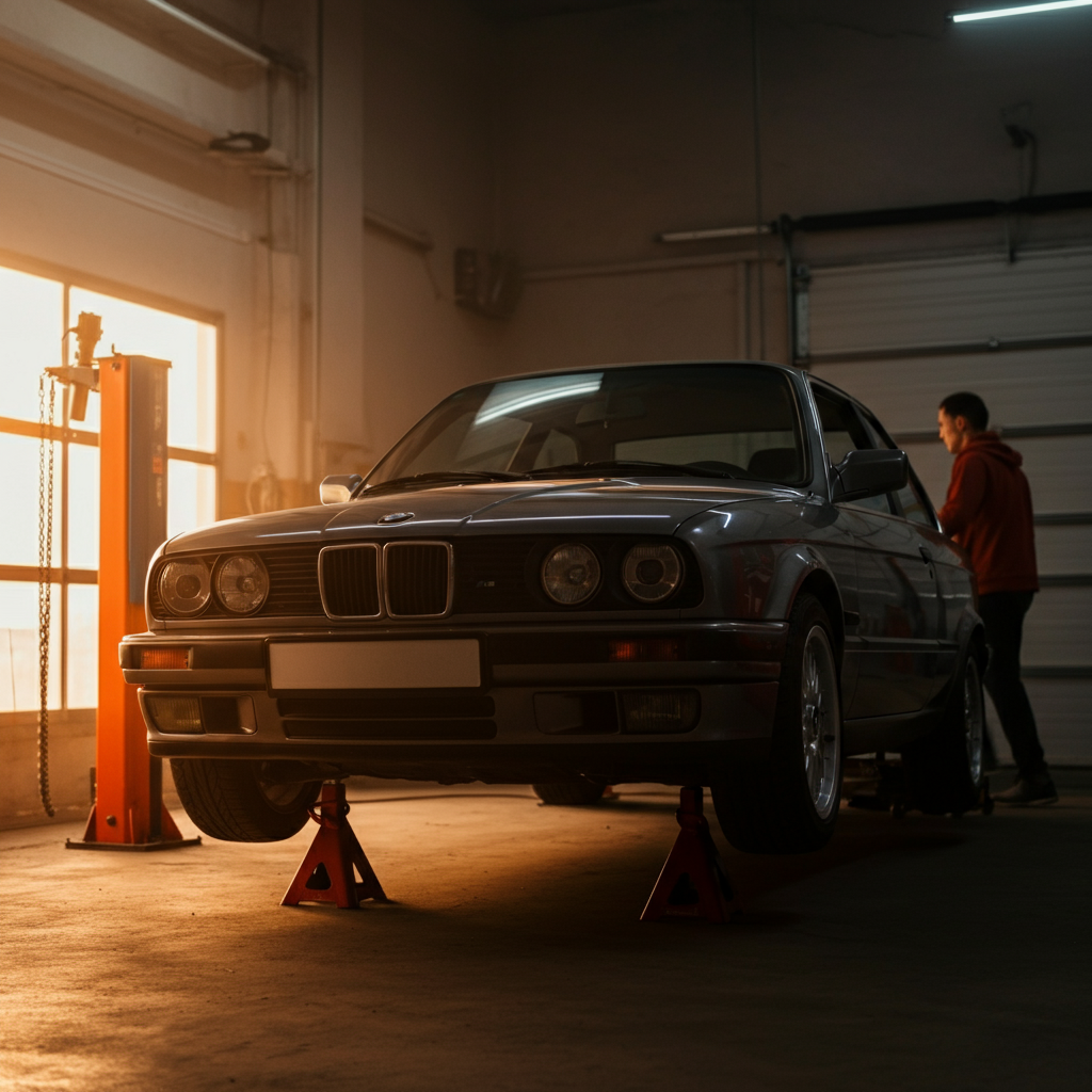 A BMW E36 safely raised on jack stands in a clean garage environment. Warm, directional light emphasizes the safety equipment and secure positioning.