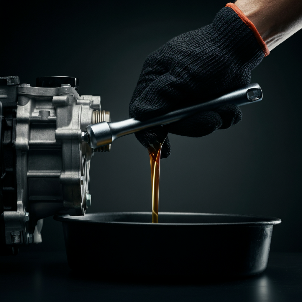 A gloved hand using a socket wrench to remove the oil drain plug. Used oil is seen draining into a collection pan below. The shot is tightly focused and well-lit.