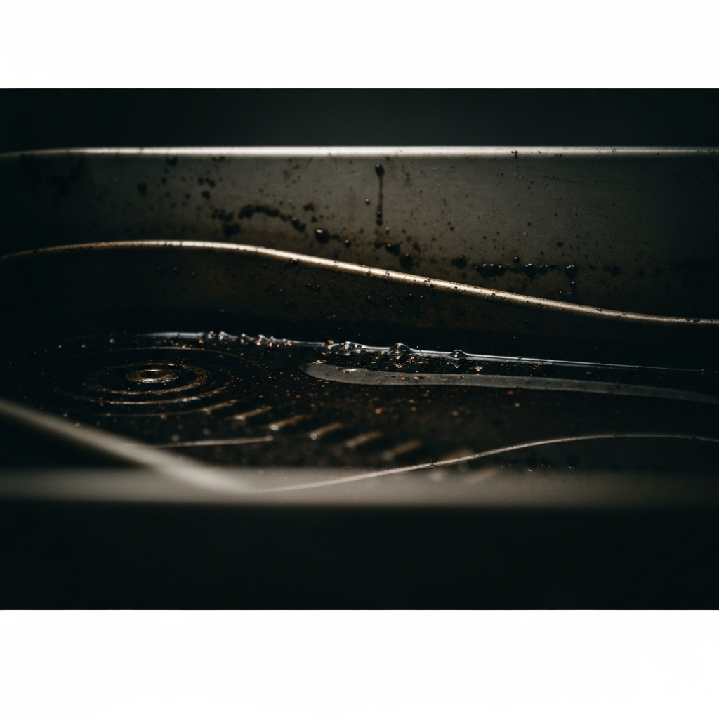 Close-up of used engine oil in a drain pan. The lighting is angled to highlight any metallic particles or coolant contamination.