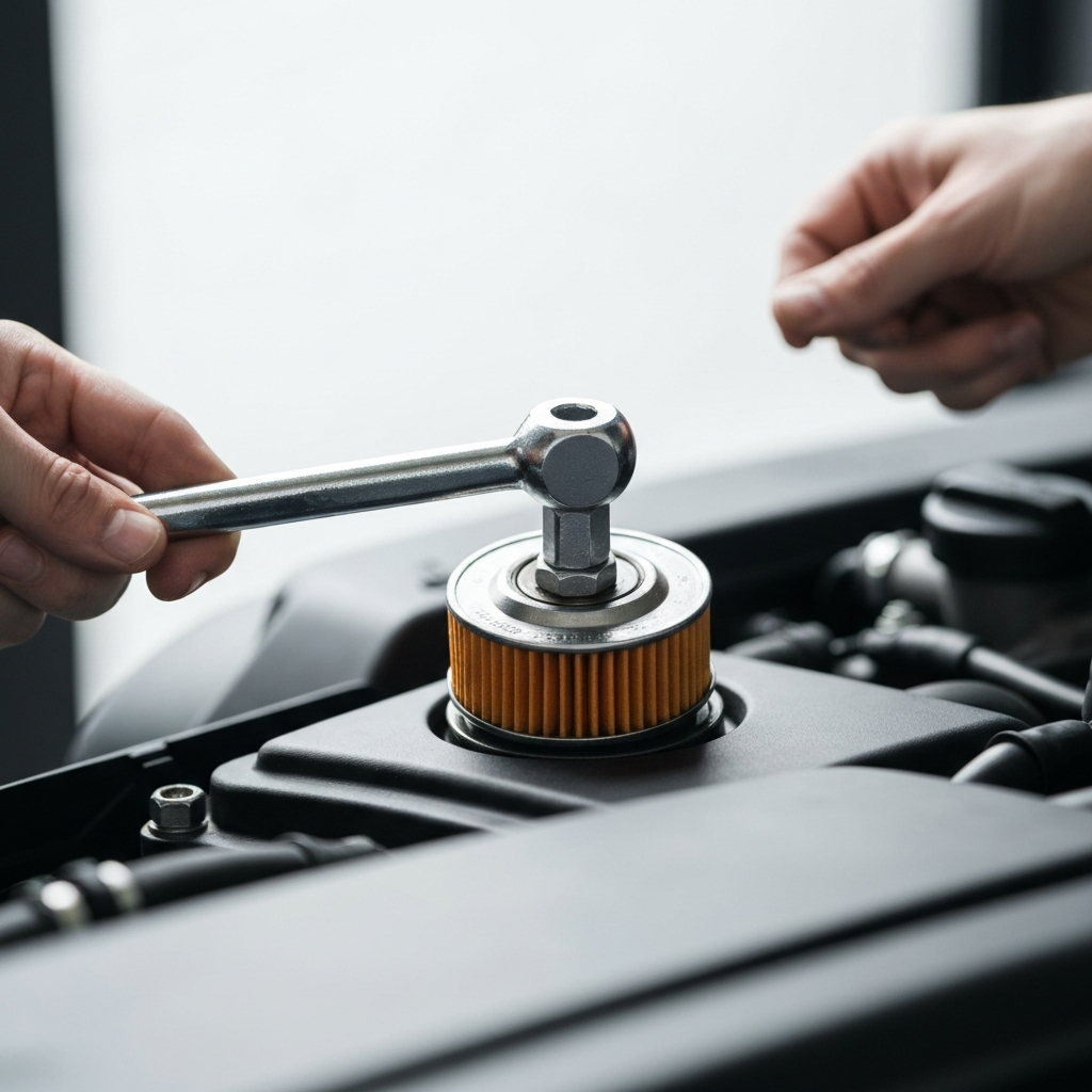 An oil filter wrench being used to remove the oil filter housing cap on a BMW E36 engine. The scene is well-lit, showcasing the wrench and housing clearly.