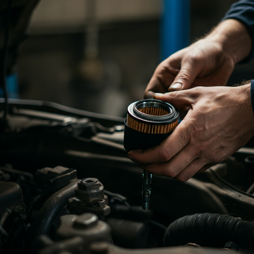 A mechanic's hands installing a new oil filter onto the oil filter housing cap. The background is blurred, drawing focus to the filter and the mechanic's hands.