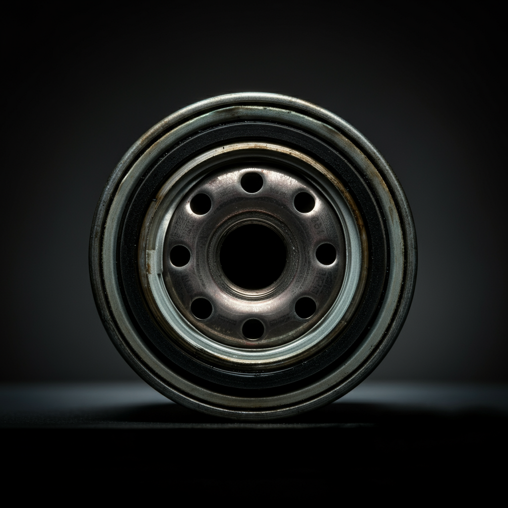 A used oil filter, cut open to reveal the filter media. The lighting is even and reveals the texture of the filter material, highlighting any trapped particles.