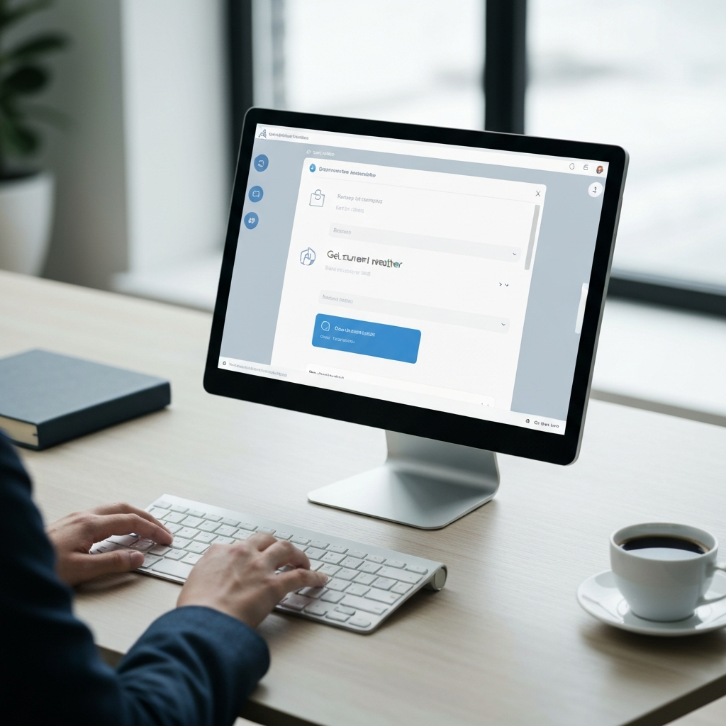 Hands typing on a keyboard in a well-lit office. The screen shows the Power Automate interface with the "Get current weather" action selected. A cup of coffee sits nearby, slightly out of focus.