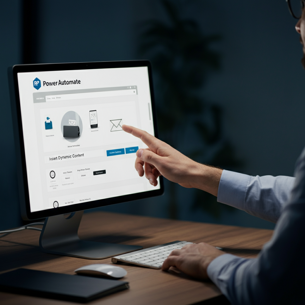 A brightly lit office space with a modern desk. A person is gesturing towards a computer screen that shows the Power Automate interface, specifically highlighting the "Insert Dynamic Content" section within the email body. The background is slightly blurred.