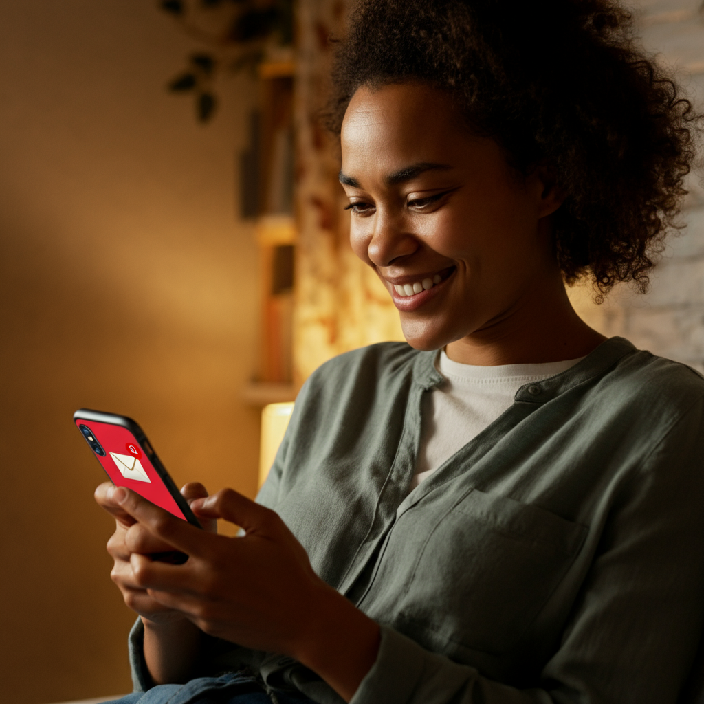 A person smiles as they check their phone for a new email. The background is a cozy living room with soft, natural light filtering through a window. The email notification is visible on the phone screen.