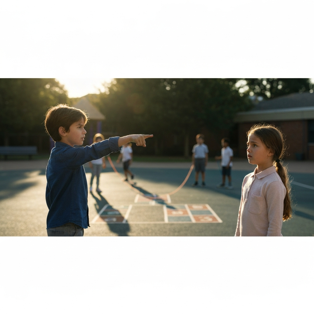 A sunlit elementary school playground. Children are playing hopscotch and jump rope. Focus on two children facing each other, one pointing accusingly while the other has a slightly bewildered but defiant expression.