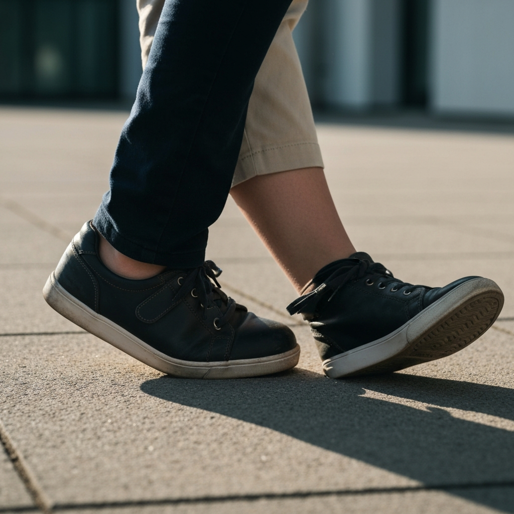 Close-up of two sets of children's shoes scuffing the ground, indicating a playful disagreement. Soft shadows suggest late afternoon.