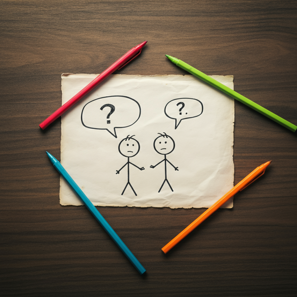 A child's drawing on a piece of paper. The drawing shows two stick figures facing each other, with speech bubbles containing question marks. The lighting is bright and even.