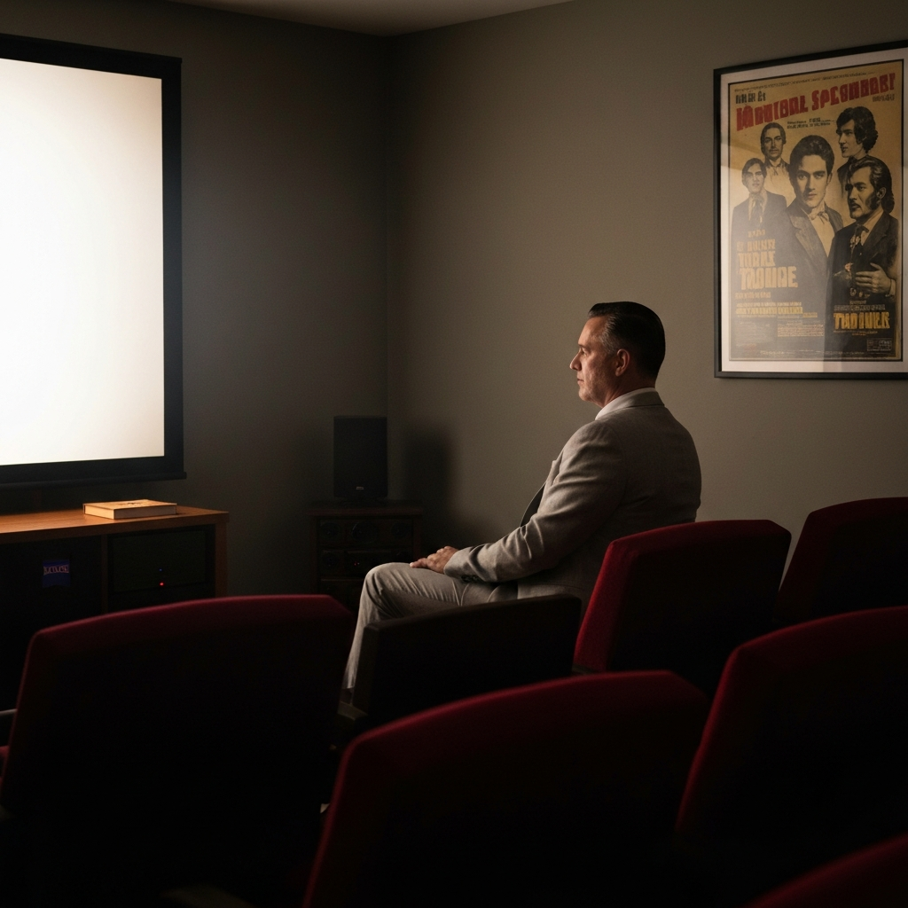 A dimly lit home theater setup, with a vintage movie poster hanging on the wall. The light from the screen illuminates the room.