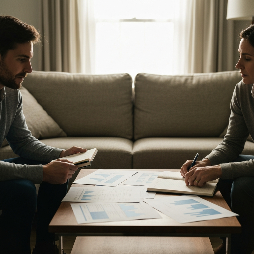 A well-lit living room. A couple sits on a comfortable couch, facing each other with open notebooks and financial documents spread out on the coffee table. Soft, natural light streams in from a nearby window, highlighting the texture of the fabric on the couch and the paper of the documents.