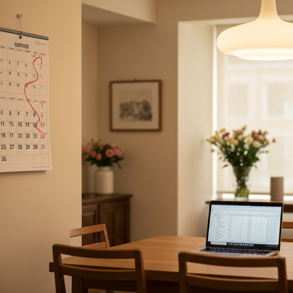 A dining room with warm, inviting lighting. A calendar hangs on the wall, circled on a specific date. A laptop sits open on the table, displaying a spreadsheet. Soft bokeh in the background shows a vase of flowers on a side table.