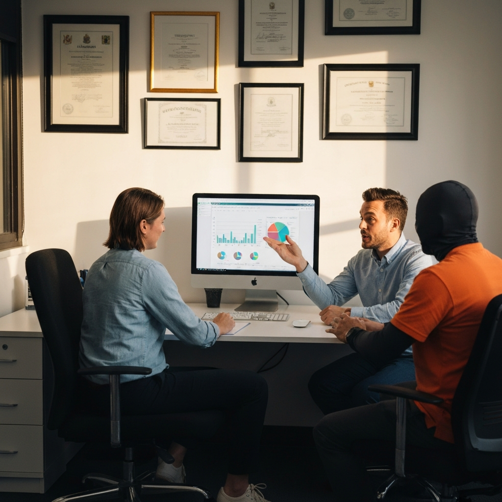 A brightly lit office space. Two people sit across from a financial advisor, who is gesturing towards a computer screen displaying charts and graphs. The room is clean and professional, with framed certificates on the wall in the background.