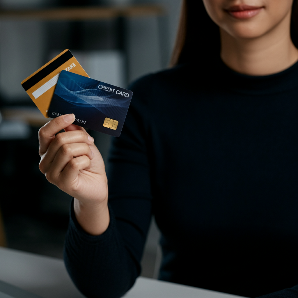 A woman holding two credit cards, each a different color and design. The background is blurred, with subtle hints of a modern, organized workspace. The lighting is soft, emphasizing the details of the credit cards and her hands.