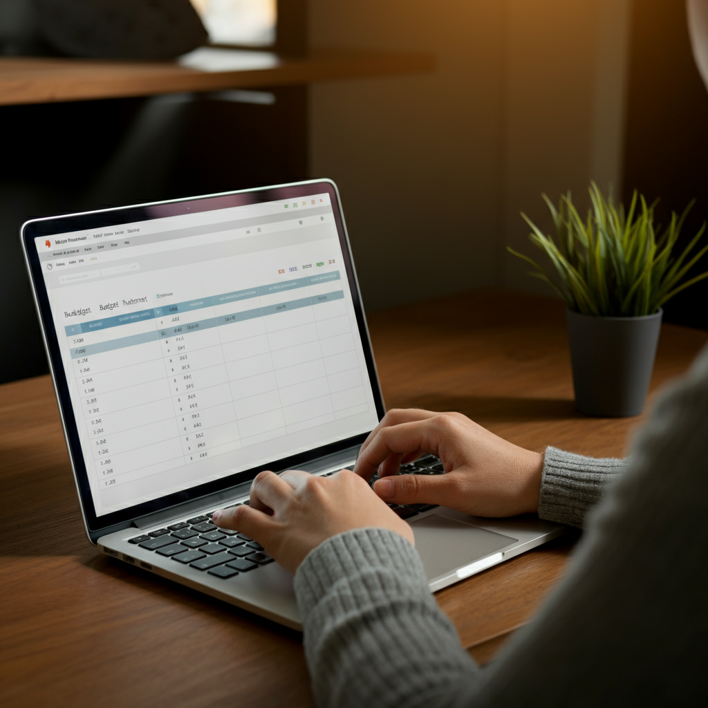 A person sitting at a desk, working on a laptop with a budgeting spreadsheet displayed on the screen. The lighting is warm and inviting, and the focus is on the laptop screen and the person's hands.