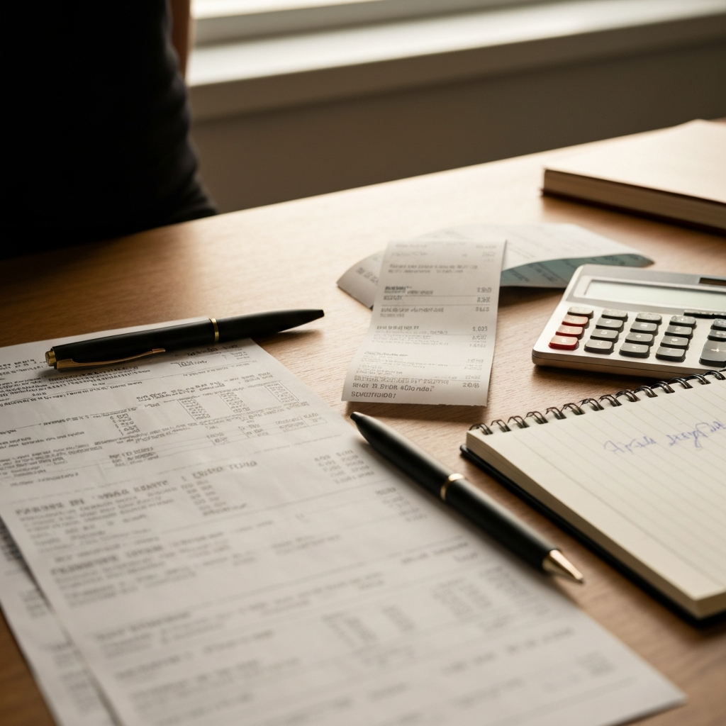 A table with receipts and bank statements scattered across it. A pen and calculator are also present, along with a notepad with handwritten notes. The lighting is natural and bright, highlighting the details of the receipts and the text on the statements.